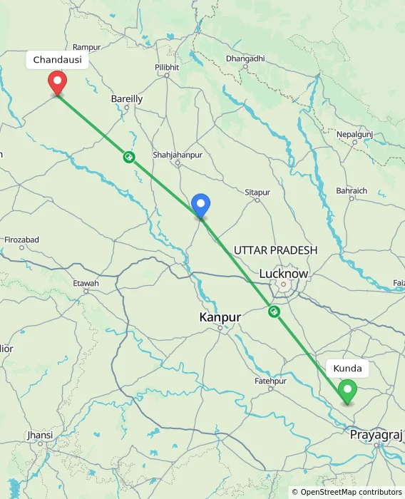 Route map showing distance and travel time from Kunda, India to Chandausi, India