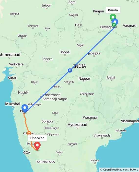 Route map showing distance and travel time from Kunda, India to Dharwad, India