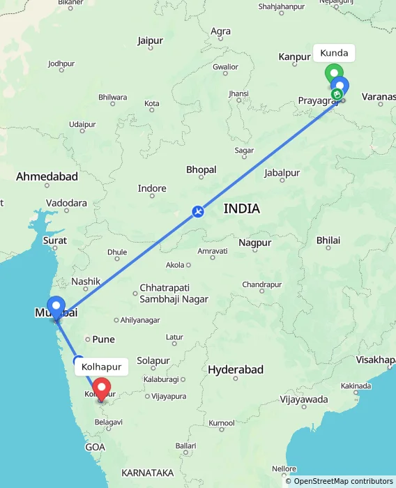 Route map showing distance and travel time from Kunda, India to Kolhapur, India