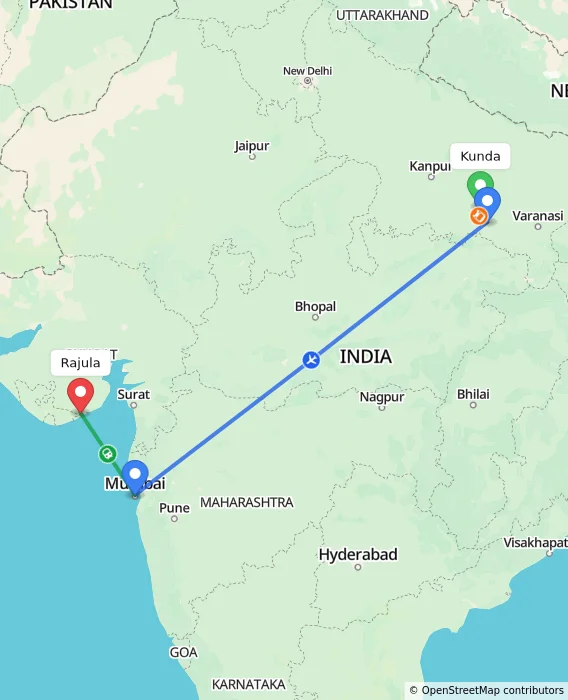 Route map showing distance and travel time from Kunda, India to Rajula, India