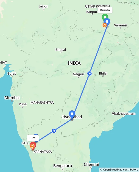 Route map showing distance and travel time from Kunda, India to Sirsi, India
