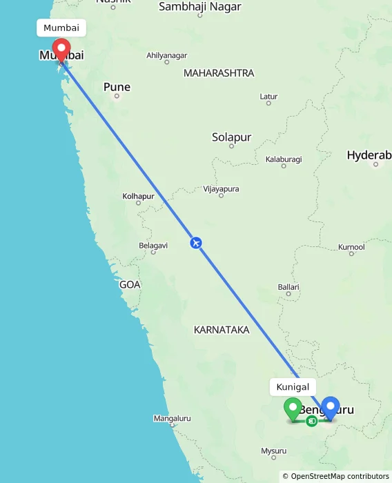 Route map showing distance and travel time from Kunigal, India to Mumbai, India