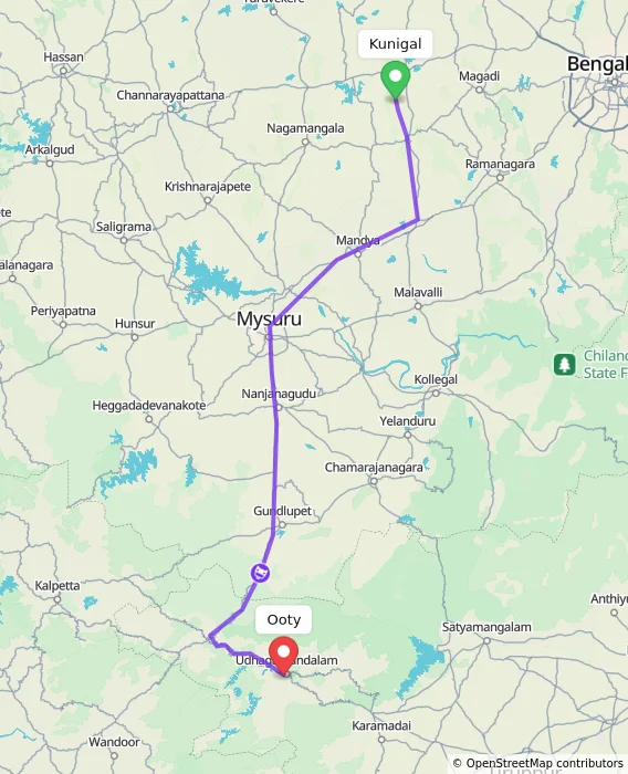 Route map showing distance and travel time from Kunigal, India to Ooty, India