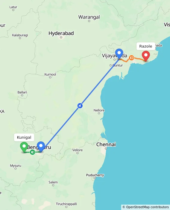 Route map showing distance and travel time from Kunigal, India to Razole, India