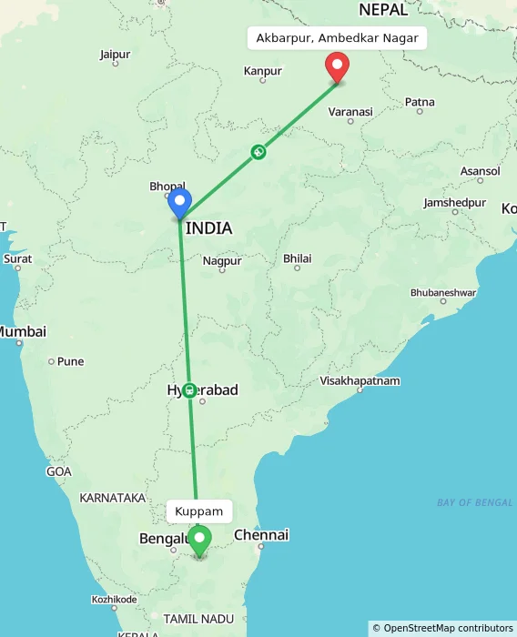 Route map showing distance and travel time from Kuppam, India to Akbarpur, Ambedkar Nagar, India
