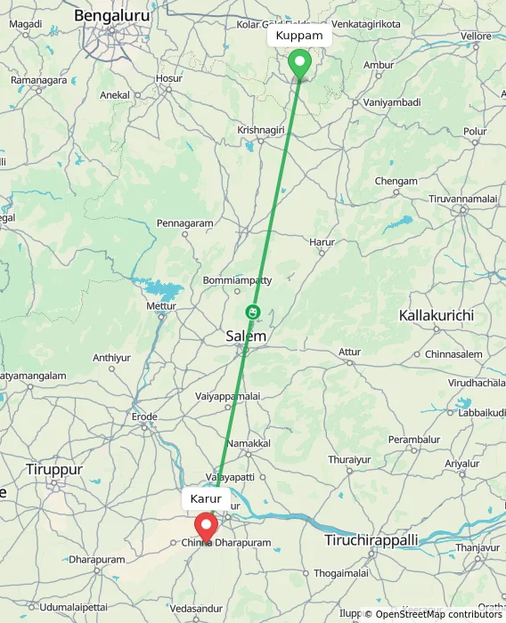 Route map showing distance and travel time from Kuppam, India to Karur, India