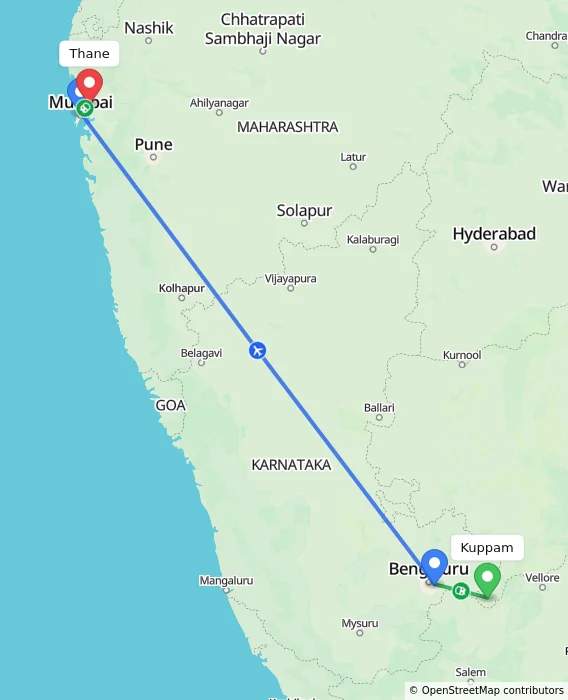 Route map showing distance and travel time from Kuppam, India to Thane, India