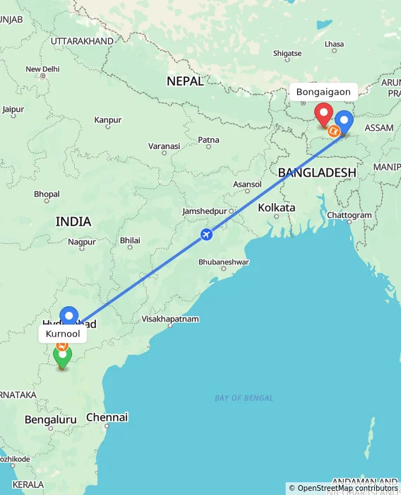 Route map showing distance and travel time from Kurnool, India to Bongaigaon, India