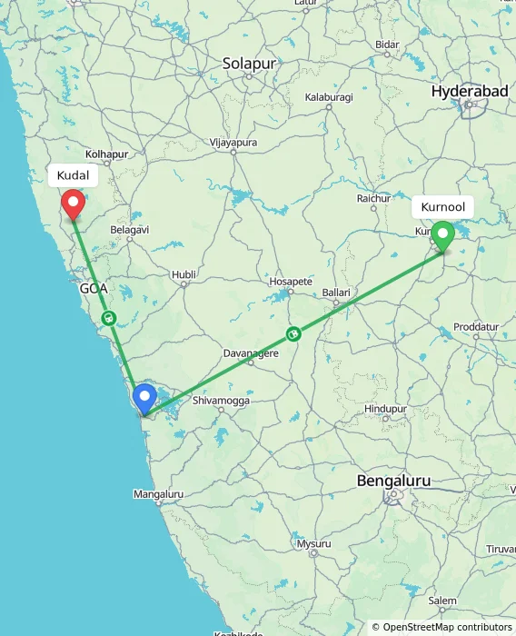 Route map showing distance and travel time from Kurnool, India to Kudal, India