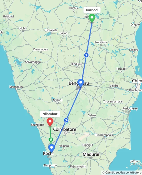 Route map showing distance and travel time from Kurnool, India to Nilambur, India