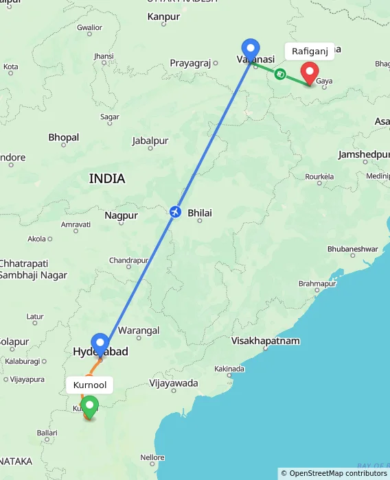 Route map showing distance and travel time from Kurnool, India to Rafiganj, India