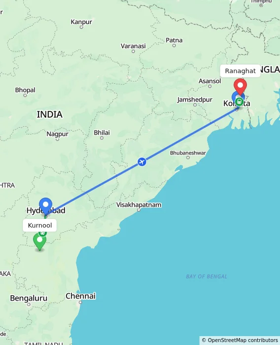 Route map showing distance and travel time from Kurnool, India to Ranaghat, India