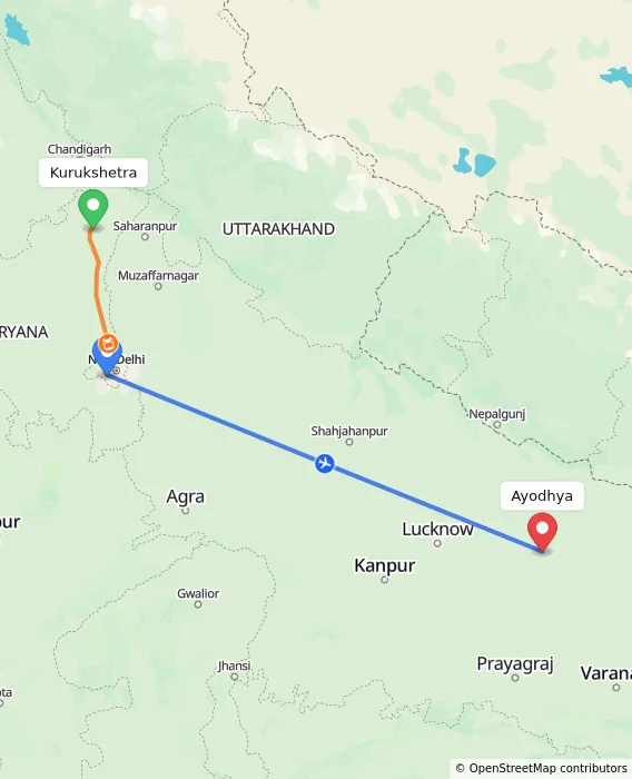 Route map showing distance and travel time from Kurukshetra, India to Ayodhya, India