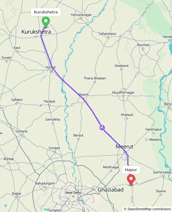 Route map showing distance and travel time from Kurukshetra, India to Hapur, India