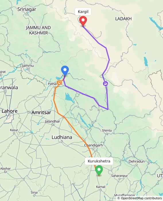 Route map showing distance and travel time from Kurukshetra, India to Kargil, India