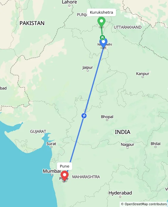 Route map showing distance and travel time from Kurukshetra, India to Pune, India