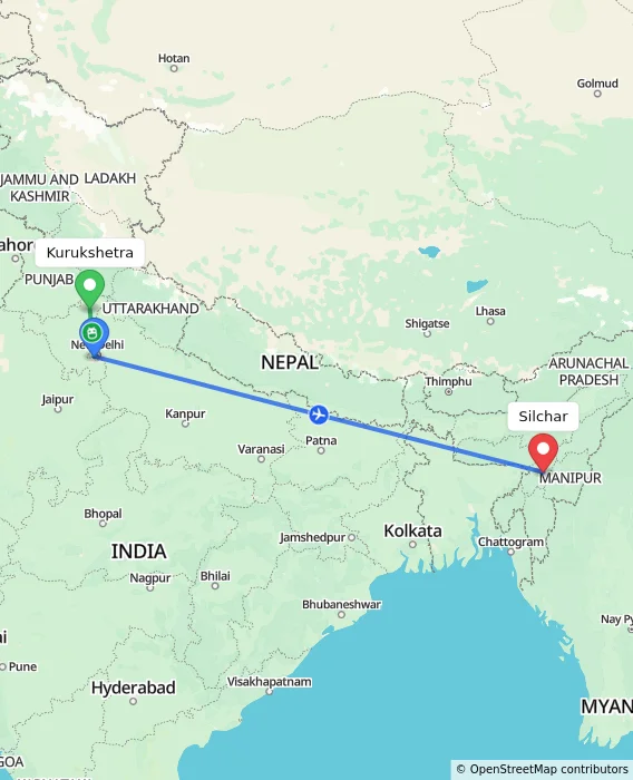 Route map showing distance and travel time from Kurukshetra, India to Silchar, India