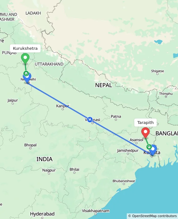 Route map showing distance and travel time from Kurukshetra, India to Tarapith, India