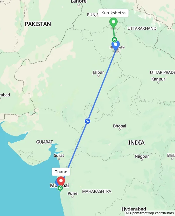 Route map showing distance and travel time from Kurukshetra, India to Thane, India