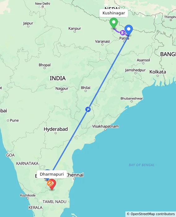 Route map showing distance and travel time from Kushinagar, India to Dharmapuri, India