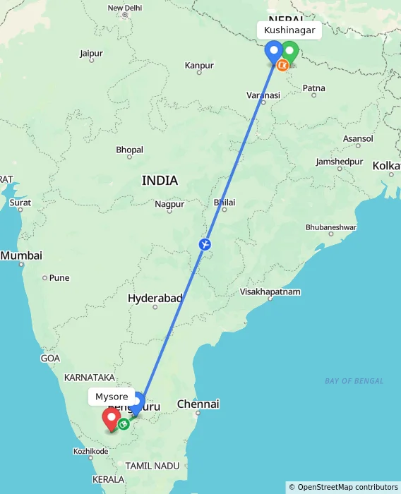 Route map showing distance and travel time from Kushinagar, India to Mysore, India