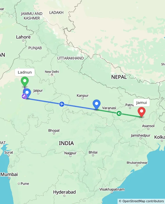 Route map showing distance and travel time from Ladnun, India to Jamui, India