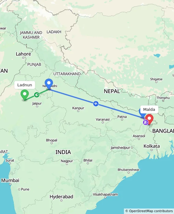Route map showing distance and travel time from Ladnun, India to Malda, India