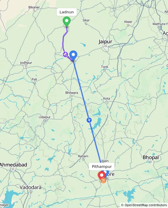 Route map showing distance and travel time from Ladnun, India to Pithampur, India
