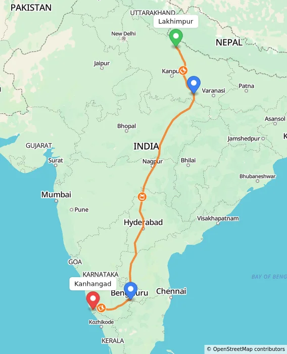 Route map showing distance and travel time from Lakhimpur, India to Kanhangad, India