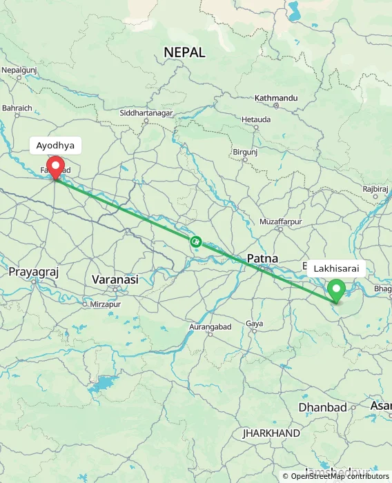 Route map showing distance and travel time from Lakhisarai, India to Ayodhya, India
