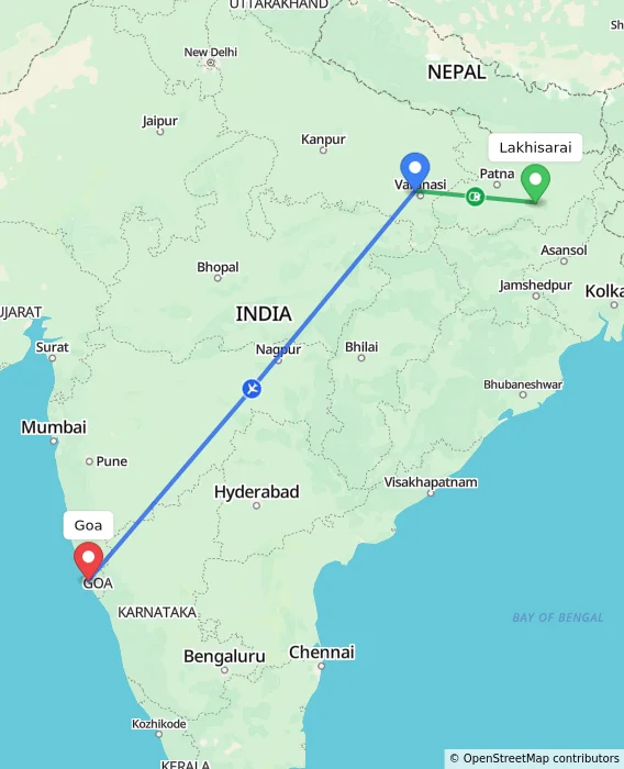 Route map showing distance and travel time from Lakhisarai, India to Goa, India