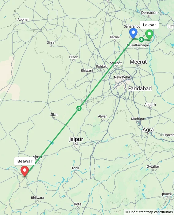Route map showing distance and travel time from Laksar, India to Beawar, India