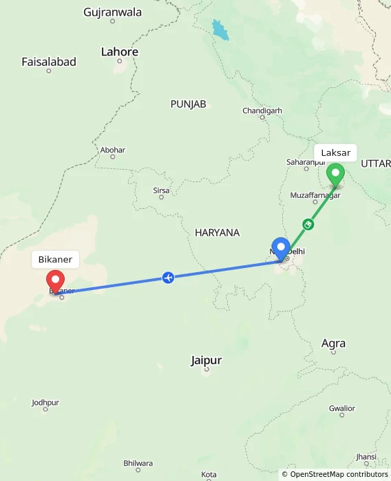 Route map showing distance and travel time from Laksar, India to Bikaner, India
