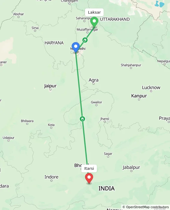 Route map showing distance and travel time from Laksar, India to Itarsi, India