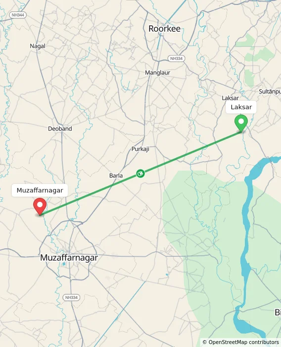 Route map showing distance and travel time from Laksar, India to Muzaffarnagar, India