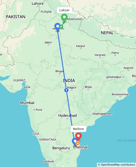 Route map showing distance and travel time from Laksar, India to Nellore, India