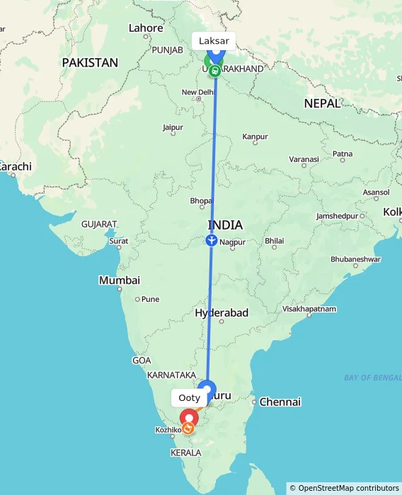 Route map showing distance and travel time from Laksar, India to Ooty, India