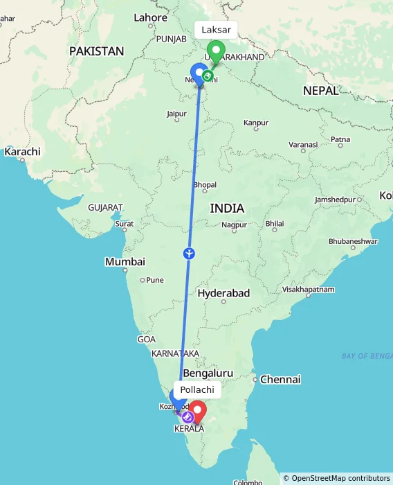 Route map showing distance and travel time from Laksar, India to Pollachi, India