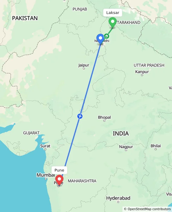 Route map showing distance and travel time from Laksar, India to Pune, India