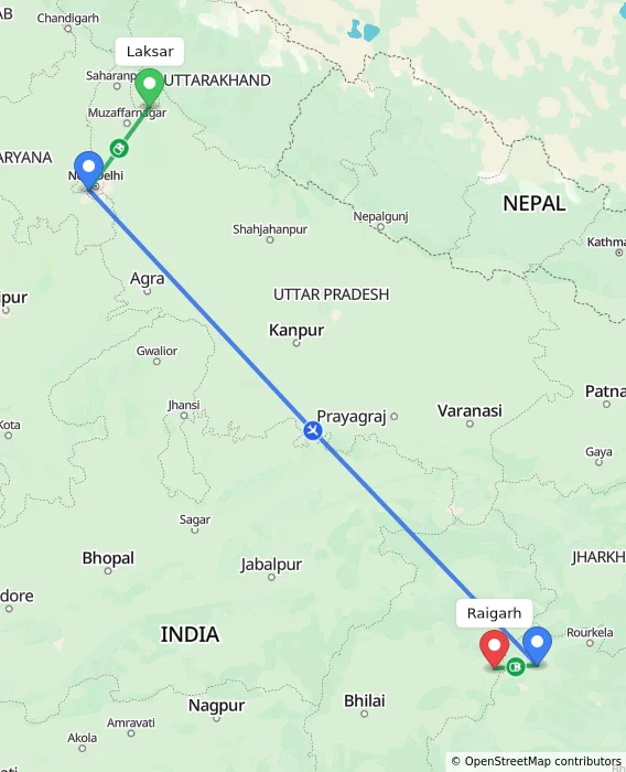 Route map showing distance and travel time from Laksar, India to Raigarh, India