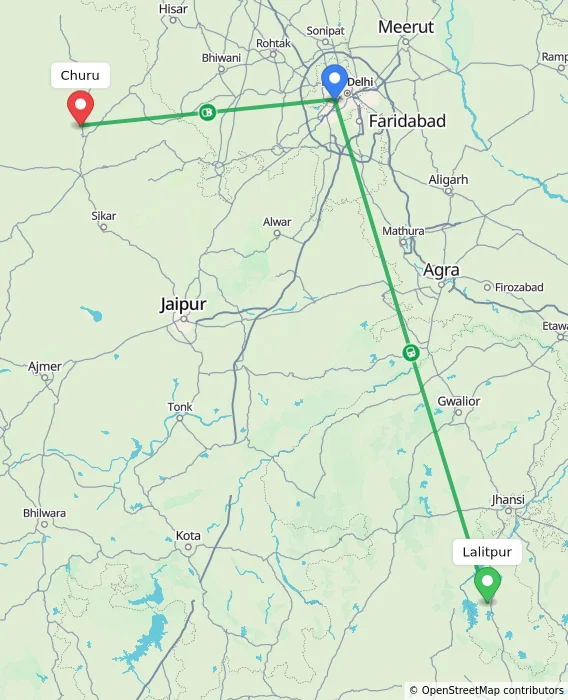 Route map showing distance and travel time from Lalitpur, India to Churu, India