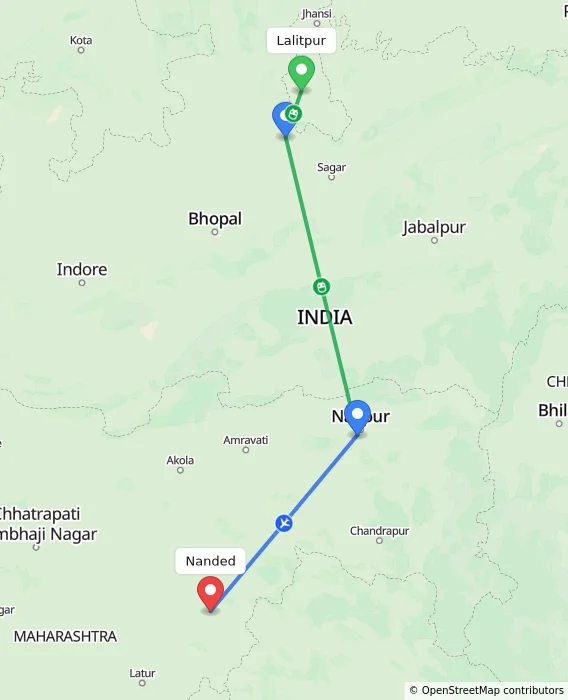 Route map showing distance and travel time from Lalitpur, India to Nanded, India