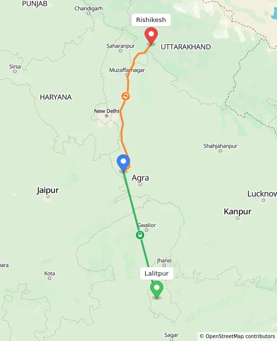 Route map showing distance and travel time from Lalitpur, India to Rishikesh, India