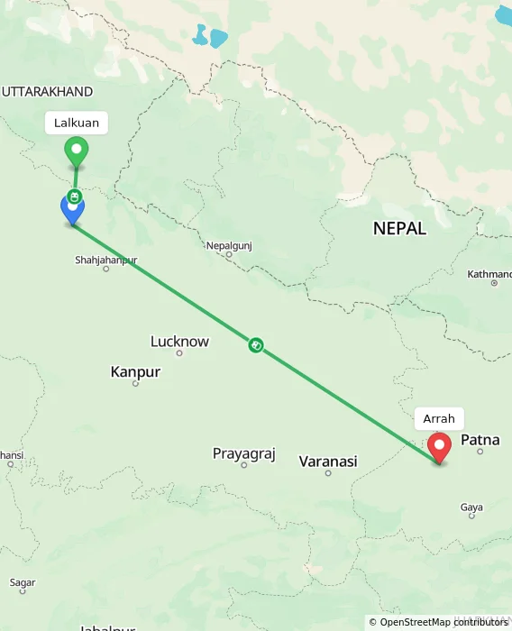 Route map showing distance and travel time from Lalkuan, India to Arrah, India