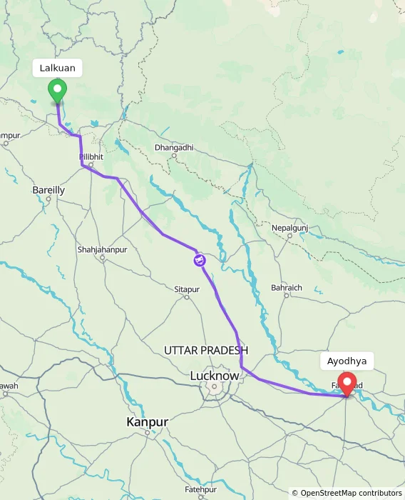 Route map showing distance and travel time from Lalkuan, India to Ayodhya, India
