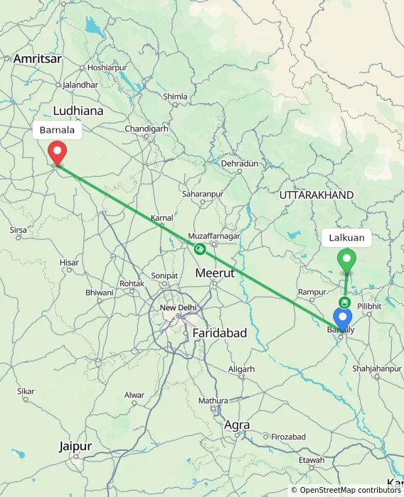 Route map showing distance and travel time from Lalkuan, India to Barnala, India