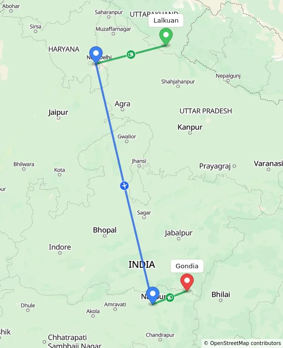 Route map showing distance and travel time from Lalkuan, India to Gondia, India