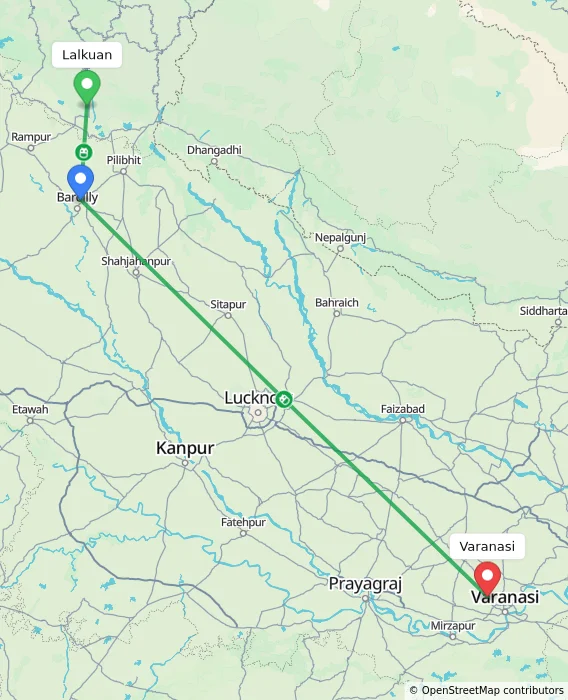 Route map showing distance and travel time from Lalkuan, India to Varanasi, India