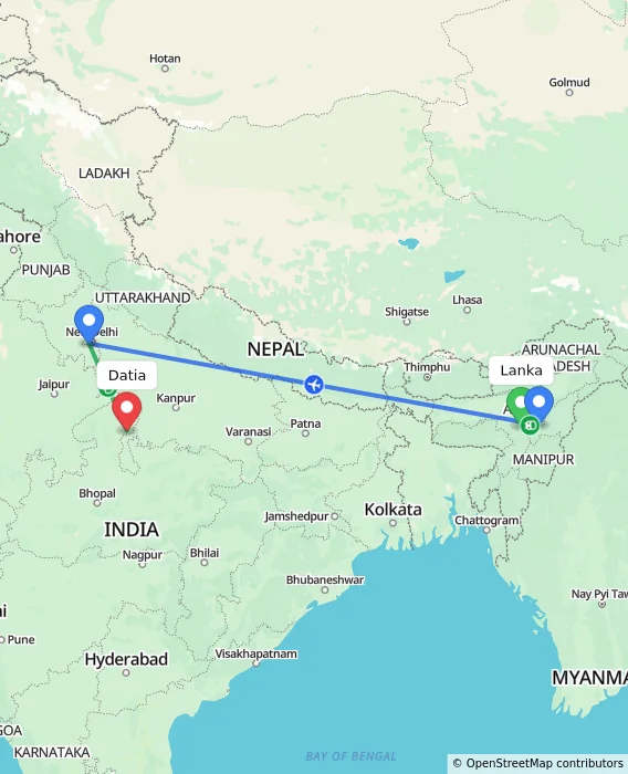 Route map showing distance and travel time from Lanka, India to Datia, India