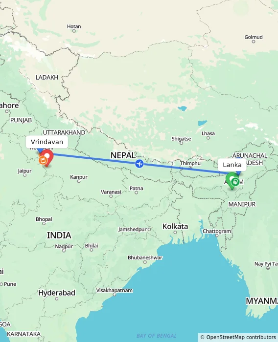 Route map showing distance and travel time from Lanka, India to Vrindavan, India
